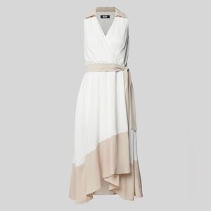 DKNY White and Beige Asymmetrical Wrap Maxi Dress